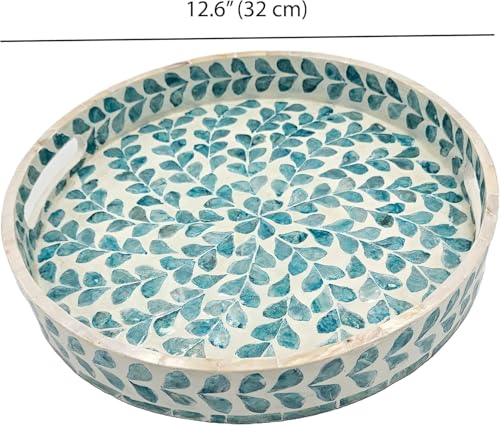 PEMAR 12.6” Mother of Pearl Round Serving Tray with Handles, Decorative Nacred Wooden Ottoman Coffee Table Tray (Teal Floral Pattern) - color: Teal Floral