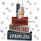CroBlissful 4 Pcs 4th of July Decorations Patriotic Memorial Day Tabletop Decorations Red White Blue Table Centerpieces Sign for Office Tiered Tray Home Shelf 250th Anniversary(Shake) - style: Shake