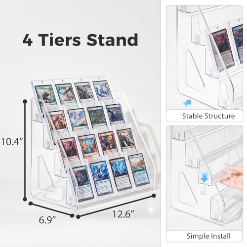 DEEIF 4 Tier Acrylic Trading Card Display Stand, 12" Riser Display Shelf for Magnetic Holders, Toploaders, PSA Graded Cards, TCG Sports Card Collection (2 Pack) - size: 4Tier, 2Pack