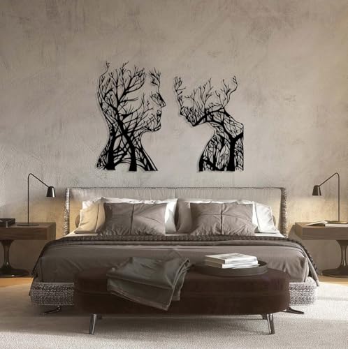 Abstract Face Metal Tree Wall Art, Decorative Branches, Tree Branch Art, Woman & Man Metal Wall Decor, Abstract Artwork, Modern Decorations, Living Room Decor (Silver, 24"x(17"+15") | 60x(43+38)cm) - color: Silver, size: 24"L x 17"W