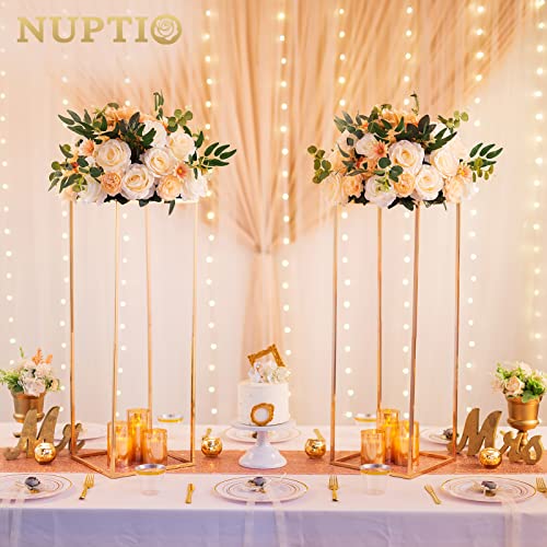 NUPTIO 2 Pcs Metal Flower Floor Vase Column Geometric Centerpieces Flower Stand for Tables, 31½ inch Tall Gold Flower Holder for Home Party Wedding Decorations, Rectangular Display Rack - size: 31½" H x 2 Pcs
