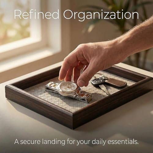 Zosenley Wooden Valet Tray with Leather Base - Nightstand Catchall Organizer for Cologne, Perfume, Keys, Wallet, Phone, Watch, Jewelry & Sunglasses (Llight Gray) - color: Llight Gray