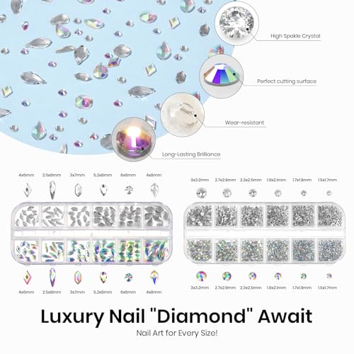 Beetles Gel Polish Nail Glue with Nail Gems Set, 15ml Nail Rhinestone Glue &120+2000Pcs Crystal Glass AB Rhinestones For Nails art, Nail Gems with Double-Ended Clean Up Nail Brush Gifts for Girls - color: 0-6-Nail Art Glue & Rhinestones Set