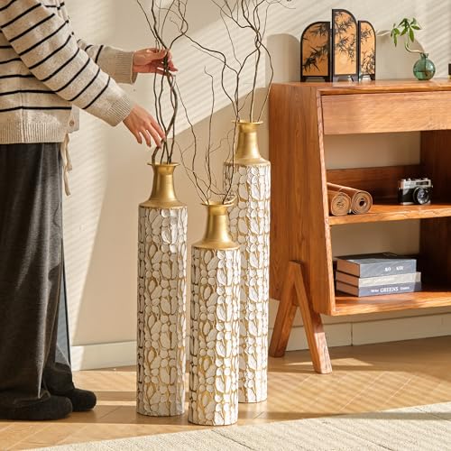 Floor Vases, Tall Home Decor Metal Vase Set of 3 Large Glazed Decorative Vases for Wedding Decor, Elegant Modern Flower Holder for Living Room, Entryway, Hallway, Dining Room - color: Pebble Ivory Gold