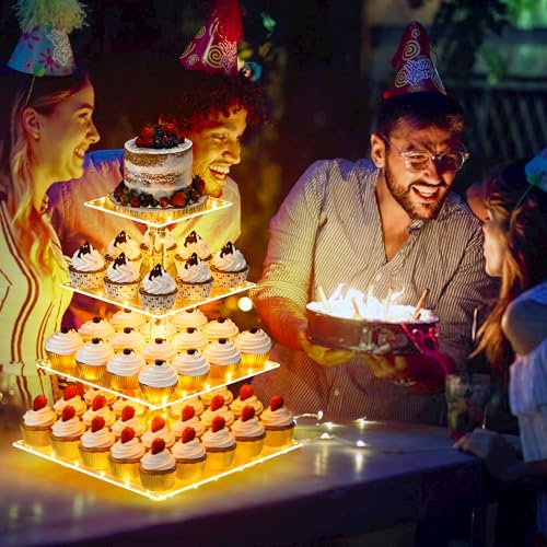 YestBuy 4 Tier Cupcake Stand Acrylic Tower Display with LED Light Premium Holder Dessert Tree Tower for Birthday Cady Bar Décor Weddings, Parties Events (Yellow Light) - color: Yellow, size: 4 tier