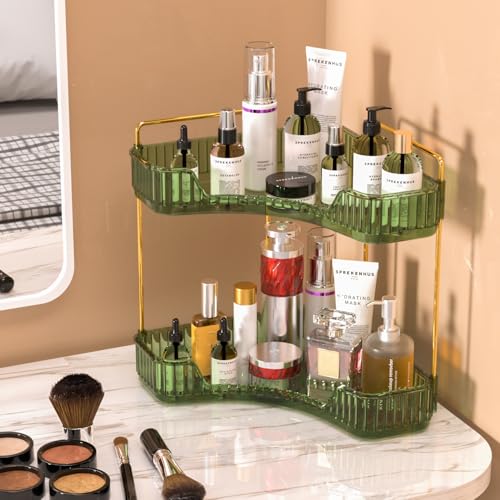 GTI 2 Tier Bathroom Counter Organizer, Multi-Function Corner Bathroom Organizer Countertop,Makeup Organizer Perfume for Dresser Vanity Tray, Spice Rack Organizer for Kitchen (Clear) - color: Green, size: 10" x 10" x 11.7"