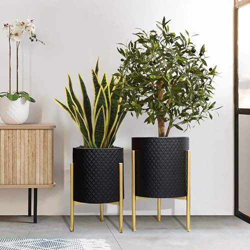 LuxenHome 2-Piece Diamond Pattern Round Metal Cachepot Planter Set, Black Planter with Gold Stands Set of 2 Indoor Plant Pots Large Floor Plant Pot for Plants, NOT Waterproof - color: A Black 9.9"+8.3"