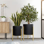 LuxenHome 2-Piece Diamond Pattern Round Metal Cachepot Planter Set, Black Planter with Gold Stands Set of 2 Indoor Plant Pots Large Floor Plant Pot for Plants, NOT Waterproof - color: A Black 9.9"+8.3"