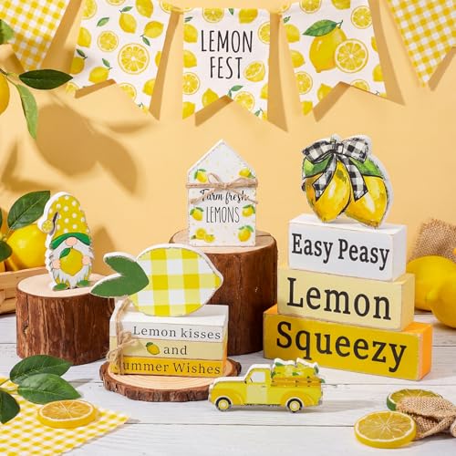 Vercraft 11 Pcs Lemon Table Decorations Set Lemon Tiered Tray Decor Summer Wooden Top Farmhouse Rustic Wooden Coffee Table Centerpieces for Home Kitchen Office Decorations - style: Lemon