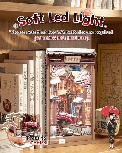 Cutefun DIY Book Nook Kit Kyoto Snow Whisper – Japanese Snow Scene 3D Wooden Puzzle Miniature Dollhouse Kit with LED Light, Bookshelf Insert Decor, Creative Gift for Adults, Teens & Book Lovers - style: Kyoto Snow Whisper
