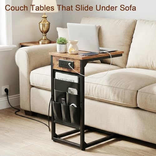 AMHANCIBLE C Shaped End Table with Charging Station, TV Tray Set of 2, Couch Tables with Storage Bag, Slide Under Sofa Side Table with USB Ports and Outlets for Living Room, Rustic Brown HET04CBR - color: Rustic Brown