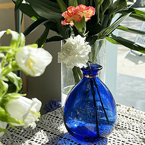Glass Vase for Flowers, Rounded Small Blue Glass Vase for Home Decor Gift Centerpieces Events (Dark Blue & Gold)…