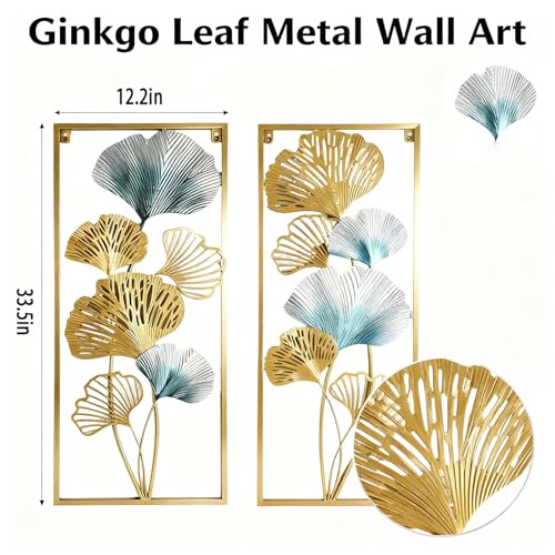 Set of 2 Gold & Blue Ginkgo Leaf Metal Wall Art, 33.5"x12.2" Modern Framed Wall Sculpture, Luxury Spring Home Decor for Living Room Bedroom Bathroom, Elegant Gift for Wedding Housewarming Mother's Day for Homeowners