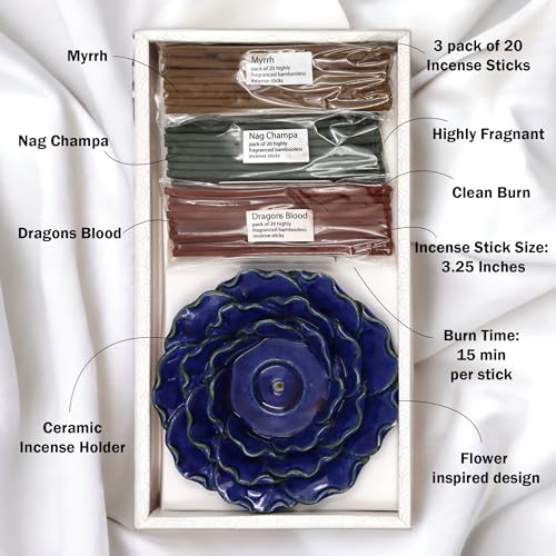 Hosley Incense Sticks Gift Set Each Includes 60 Incense Sticks & a Flower Ceramic Holder - Bathroom Set for Home, Weddings, Meditation, Spa, Bathroom Use - 6 Sets - color: Blue-6f