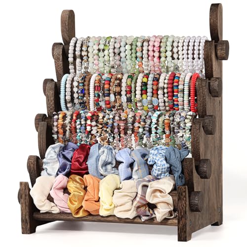 TOPNEW 5 Tier Wooden Bracelet Holder, Scrunchie Bangle Watch Necklace Display Storage Jewelry Holder Stand Display Organizer, Brown - color: 5 Tier Brown