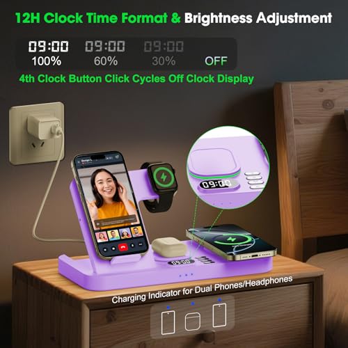 Dual Phone Wireless Charging Station for Apple Devices, Magnetic Charging Station for iPhone with Auto Switch 7-Color Light&Clock,Family Watch Charger for iPhone17 for iWatch11for AirPods Pro3(Lilac - color: Lilac