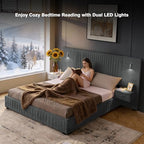 Luxury King Size Bed Frame with Oversized Upholstered Headboard, Modern Chenille Upholstered Platform Bed Frame with Gold LED Lights, Nightstands, No Box Spring Needed, Dark Grey - color: Dark Grey, size: King