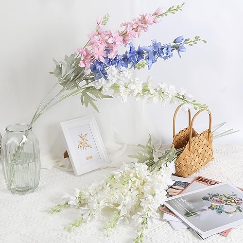 8PCS White Delphinium Artificial Flowers Larkspur Fake Flowers 33.5in Long Stem Faux Silk Flowers Bulk for Tall Vase for Home Wedding Floral Arrangement Centerpiece Table Decorations (White) - color: White