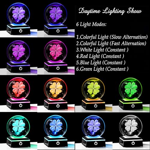 Qianwei 3D Four Leaf Clover 80mm Crystal Ball Good Luck Gifts Ideas with Multicolor Lighting Base - Irish Gifts for Women Decor 4 Leaf Clover - style: Clover