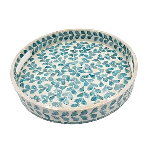 PEMAR 12.6” Mother of Pearl Round Serving Tray with Handles, Decorative Nacred Wooden Ottoman Coffee Table Tray (Teal Floral Pattern) - color: Teal Floral