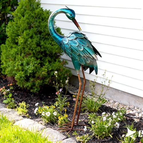 chisheen Crane Garden Statues, Metal Garden Crane Outdoor, Blue Heron Sculpture Metal Yard Art, Large Heron Decoy, Bird Statues, Lawn Ornaments for Backyard Pond Patio Porch Outside Decorations