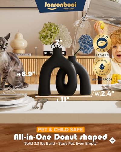 Matte Black Vase Set - Hug Hollow Donut Aesthetic Ceramic Vases Home Decor, Modern Nordic Minimalist Decorative Vase for Table Centerpiece Bookshelf Office Entryway Console Fireplace (Black) - color: Black