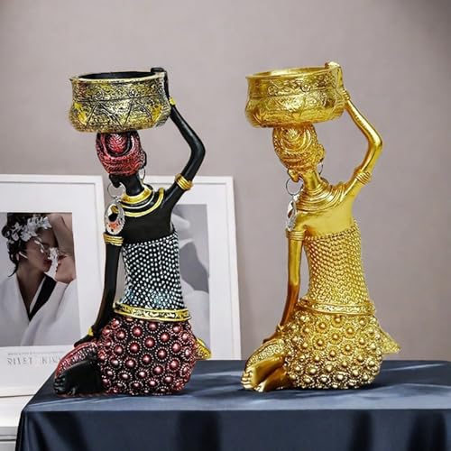 2 Pack African Women Sculpture,6.5in Black Tribal Lady Figure Figurine Candle Holder African American Women Statue Collectible Art Crafts Home Centerpieces Tabletop Ornaments Decoration Candleholder - color: B 2 Pack