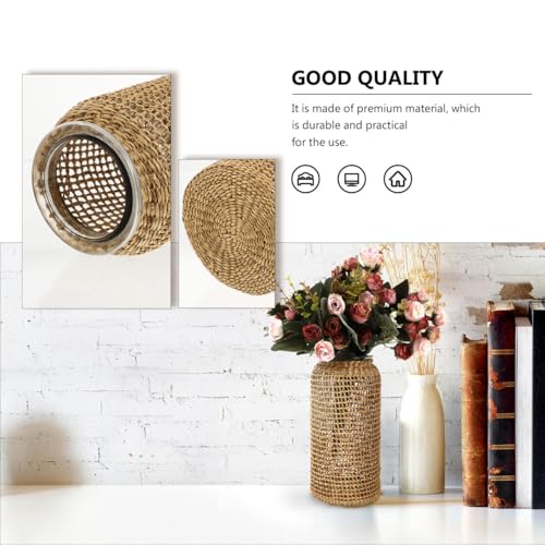 DOITOOL Boho Glass Vase with Rattan Cover, Rustic Farmhouse Vase Round Decorative Flower Container Flower Bud Container for Floral Arrangements Table Centerpiece, 4.3 x 4.3 x 9.8 inch