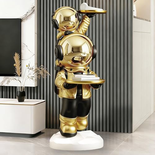 Large Astronaut Statue, Astronaut Sculpture, Astronaut Decoration, Cool Metal mask Decor, Floor Sculpture, Suitable for Living Room, Bedroom, Stores, etc., Tray can be Used for Storage - color: Matte Gold