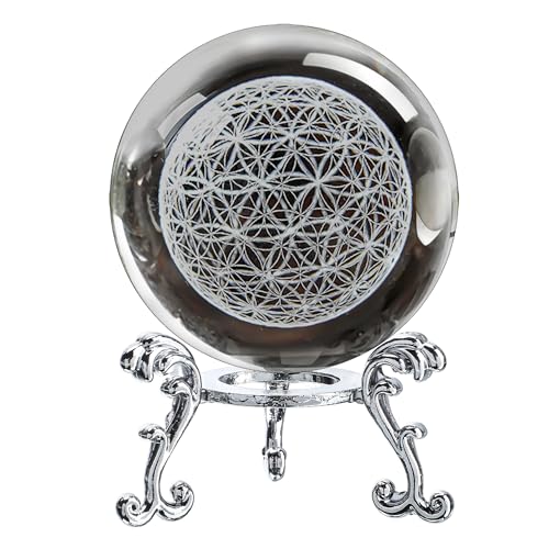 H&D HYALINE & DORA 3D Laser Engraved Flower of Life Crystal Ball Paperweight with Stand,Chakra Healing Grid Flower Globe for Spiritual Decor Gift - color: 60mm Flower of Life