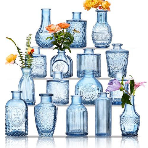 Glass Bud Vases Set of 16 - Blue Assorted Small Mini Glass Vases for Flowers, Crystal Vintage Vase Set, Bulk Centerpieces for Table Décor, Wedding, Home and Events (Blue, 16 Pcs) - color: Blue, size: 16 Pcs