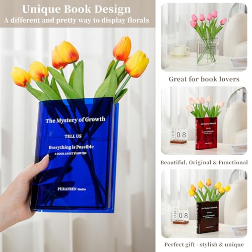 Puransen Blue Book-Shaped Vase for Flowers - Aesthetic Room Decor for Modern Home/Office, Minimalist Shelf Organizer with Floral Display, for Book Lovers & Interior Design Enthusiasts - color: Transparent Blue