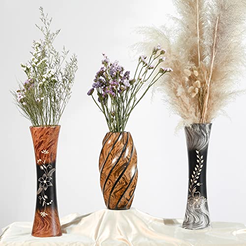AeraVida 14-Inch Mango Wood Jasmine Flower Carved Brown Vase Cylindrical Home Decor Accent for Tabletop Arrangements Handmade Rustic Indoor Display for Dried or Silk Flowers