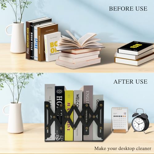 Adjustable Bookends Non Skid Decorative Bookends,Metal Bookend for Heavy Books,Bookshelf Organizer Holder for Books and Magazines for Desk(Black) - color: Black