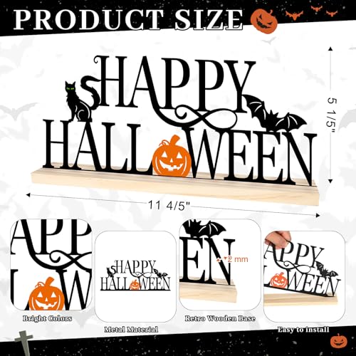 COCHIE Metal Happy Halloween Sign, Black Halloween Decorations for Home, Office, Shelf, Mantel, Indoor, Jack-o-lantern Decoration, Spooky Cat Bat Decor (Halloween) - style: Halloween