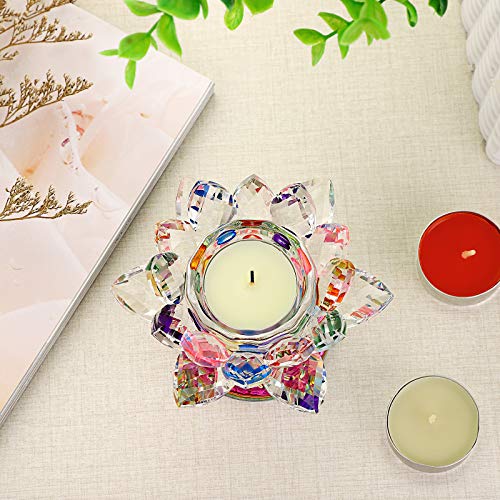 OwnMy Crystal Lotus Flower Tea light Holder Lotus Petals Candle Holder Stand Candlestick with Glass Base, Votive Flower Tealight Holder with Gift Box for Home Decor Window Sill Wedding Party, Colorful