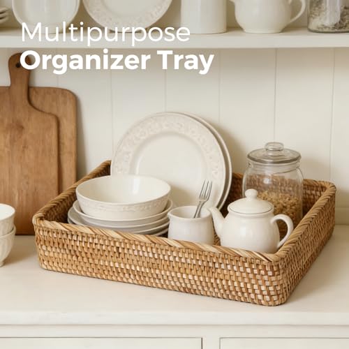 Wicker Storage Tray, Rattan Basket Rectangular for Bathroom Living Room, Decorative Serving Woven Trays Wicker Baskets for Organizing Home Decor XL(17.7" × 13.4") - style: XL (17.7" × 13.4")