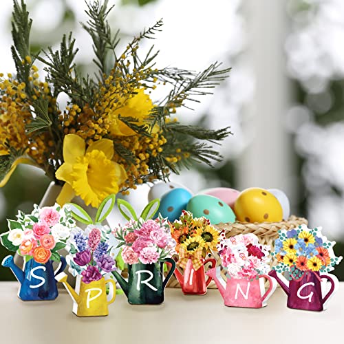 Yookeer 6 Pcs Spring Wooden Signs Decor Wood Tabletop Spring Flowers Tiered Tray Decorations Watering Can Table Centerpiece Wall for Home Office Farmhouse Tabletop