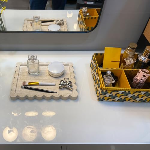 Elegant Marble Vanity Tray, Natural Luxury Travertine Decorative Countertop Organizer for Bathroom, Kitchen & Dresser - Holds Keys, Coffee, Perfume, Jewelry & Makeup