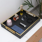 Wooden Structure Leather Decorative Coffee Table Square Tray, Farmhouse Counter PU Tray - Room Serving Trays, Brushed Champagne Gold Handle (Black) - color: Black