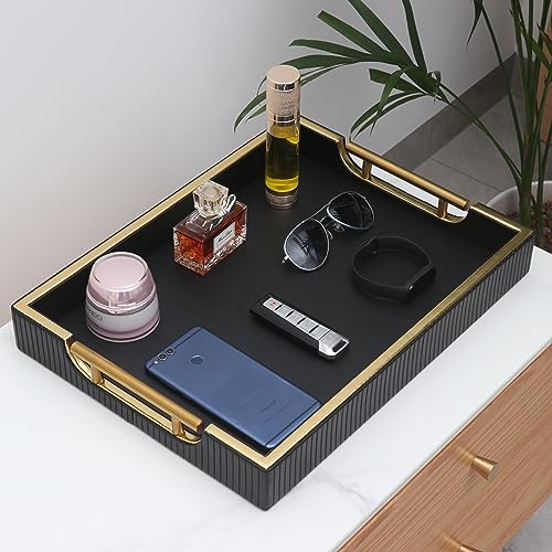 Wooden Structure Leather Decorative Coffee Table Square Tray, Farmhouse Counter PU Tray - Room Serving Trays, Brushed Champagne Gold Handle (Black) - color: Black