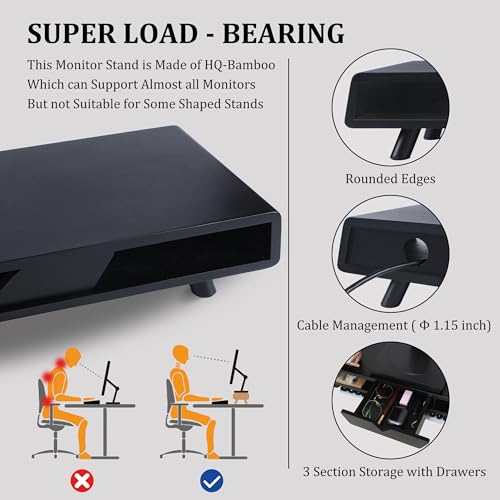 Homerays Monitor Stand with Drawer, Exquisite Computer Monitor Stand for Desk, Ergonomic Wood Monitor Stand Riser for Computer,Laptop,Printer,TV,Bamboo,Black - color: Black