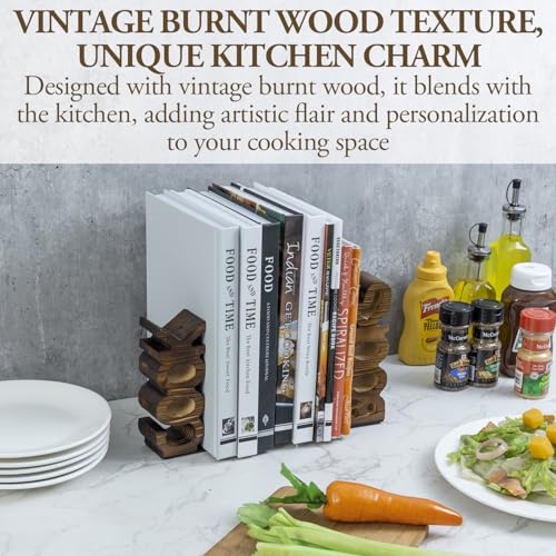 MyGift Rustic Burnt Wood Tabletop Cook and Books Decorative Bookends for Kitchen Countertop, Cookbook Display Holder 2 pc Set