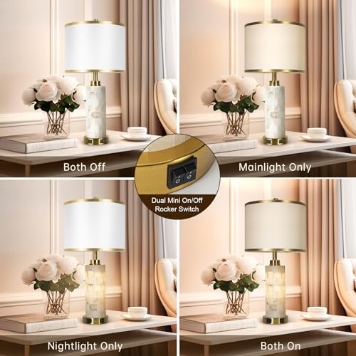KIVDITZO 27" Alabaster Table Lamps Set of 2, Lamps for Living Room Bedroom,Bedside Lamps with Night Light,Nightstand Lamp with USB A+C Ports,Modern Table Lamp with Linen Shade (Bulbs Included) - color: Golden Colored