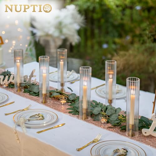 NUPTIO Hurricane Candle Holder Fluted: 2.5 x 12 inches Ribbed Glass Shade for Candlestick - Bulk Decorative Bottomless Cylinder Taper Candle Cover for Outdoor Table Centerpiece - color: Ribbed