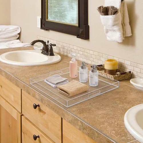 17×17 inches Oversized Clear Acrylic Ottoman Tray Extra Large Decorative Tray Spill-Proof Serving Trays with Handles King-Size Safe Edge Organizer for Coffee Table Countertop Breakfast - color: Clear, size: 17" x 17" x 2"