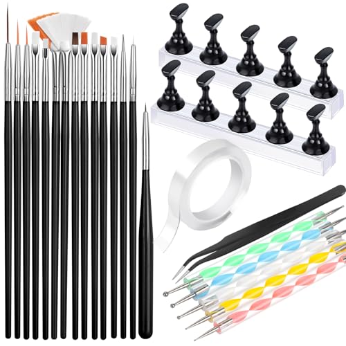 FANDAMEI Nail Art Tools, Nail Brush, 15 PCS Nail Art Brushes, 5 PCS Nail Dotting Tool, Nail Stand, Nail Holder For Painting Nails, Nail Tools, Nail Design Tools, Black - color: Black