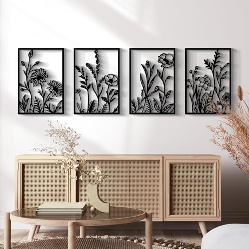 Glamativity 4 Pcs Black Abstract Flowers Metal Wall Art, Minimalist Floral Single Line Wall Décor, 3D Textured Sculptures, Rustic Nature Wall Art Décor for Living Room, Bedroom, Study (L Size 22.5x15.7'') - color: Black Abstract Flowers, size: L Size 22.5