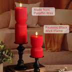 Red Ribbed Fluted Flameless Pillar Candles with Remote, Battery LED Wax Candles Flickering Home Aesthetics Decor Gift Set of 2 - color: Red