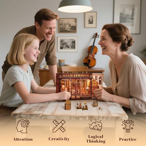 Fsolis Book Nook Kit - DIY Miniature House Kit for Adults, Bookshelf 3D Wooden Puzzles Booknook Music Tiny House Bookshelf Diorama Gifts for Women Readers Book Lovers (Bach Strings) - style: Bach Strings